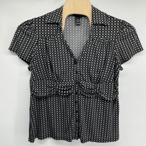 Lane Bryant Black White Circle Print Button Front Blouse 18/20 Empire Waist Top